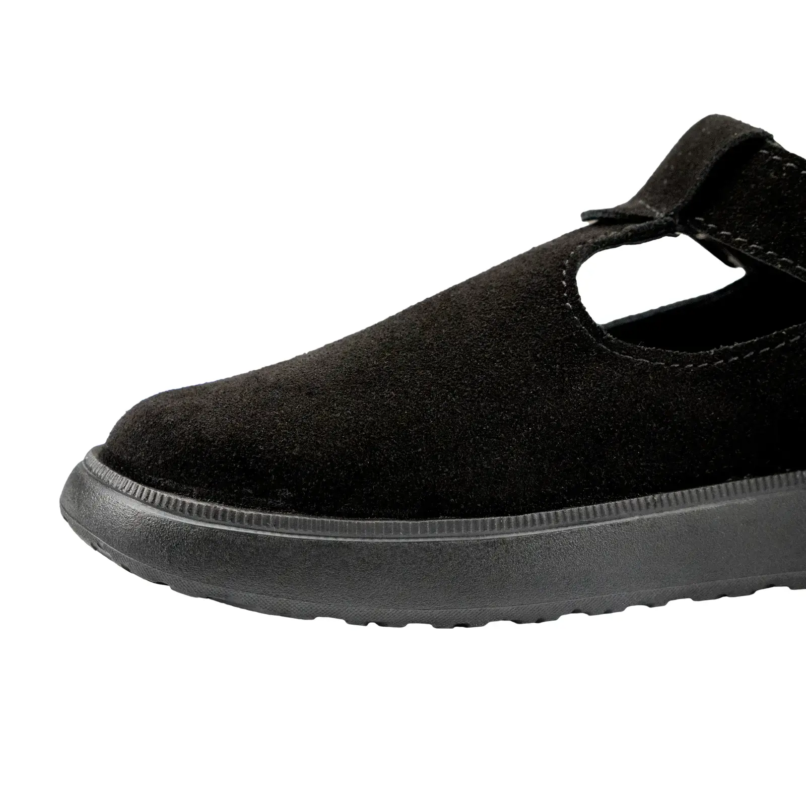 Крупний план ремінця з пряжкою на чорних замшевих туфлях Shtayer Теса