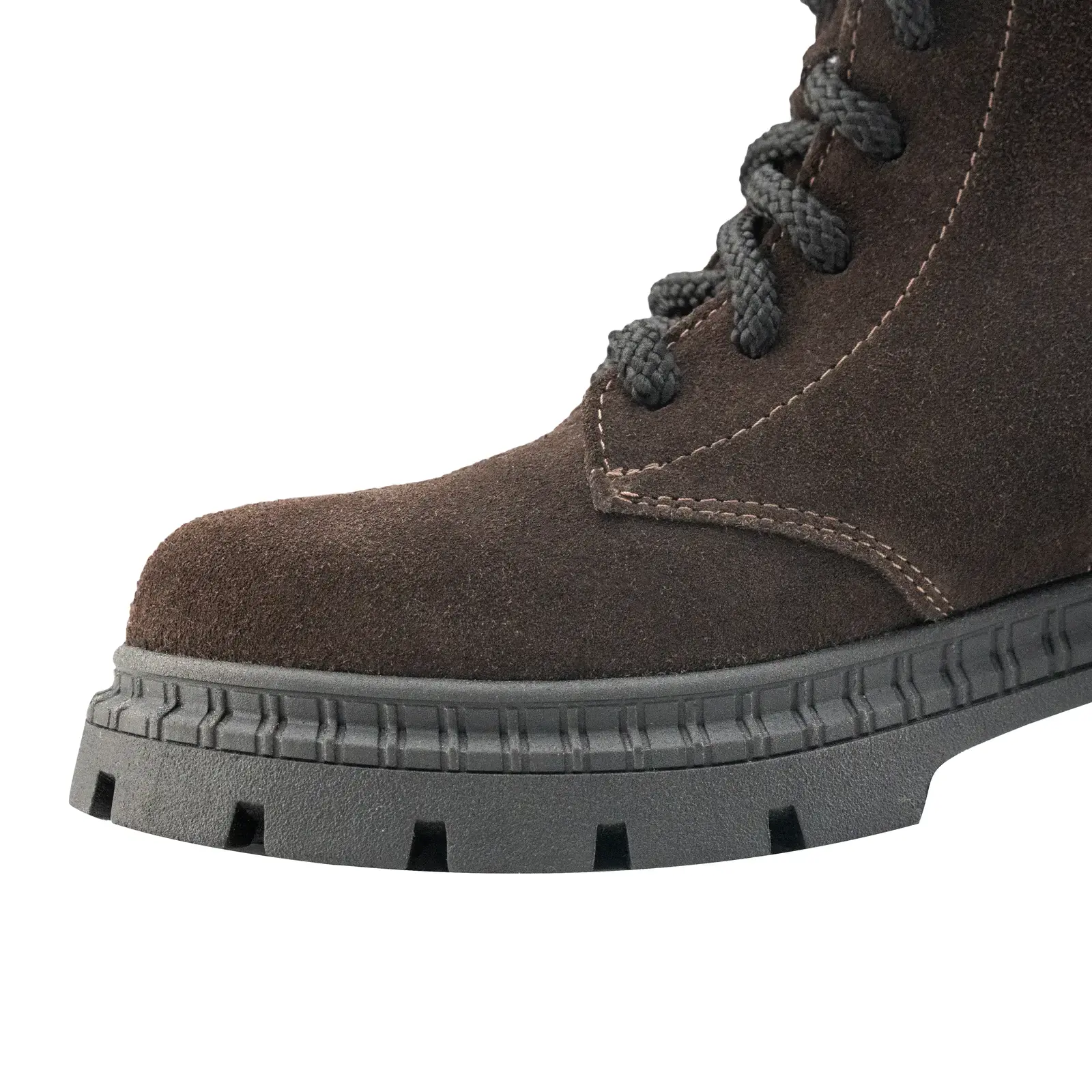 Крупний план текстури замші кольору шоколад та чорної шнурівки на черевиках Shtayer Бета